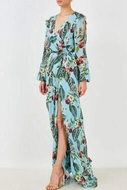 Nicholas Womens Wrap Dress US 0 Blue Mayflower Silk Floral Maxi Split Sleeve